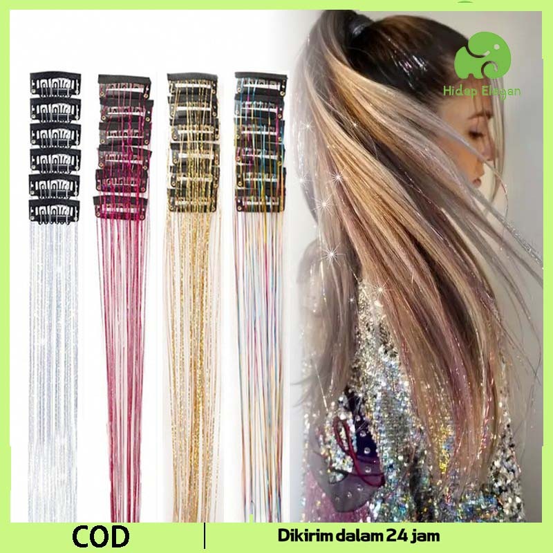 50cm Hair Clip Extension Warna 12pcs Pita Berkilauan Hair Klip Warna Hiasan Kepala Panggung Hair Cli