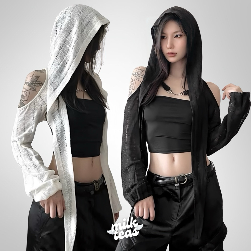 Asa Outer | MILKTEAS | Outer Cardigan Wanita Hoodie Knit Crop Hitam Putih Bolero Y2K Aesthetic Stree