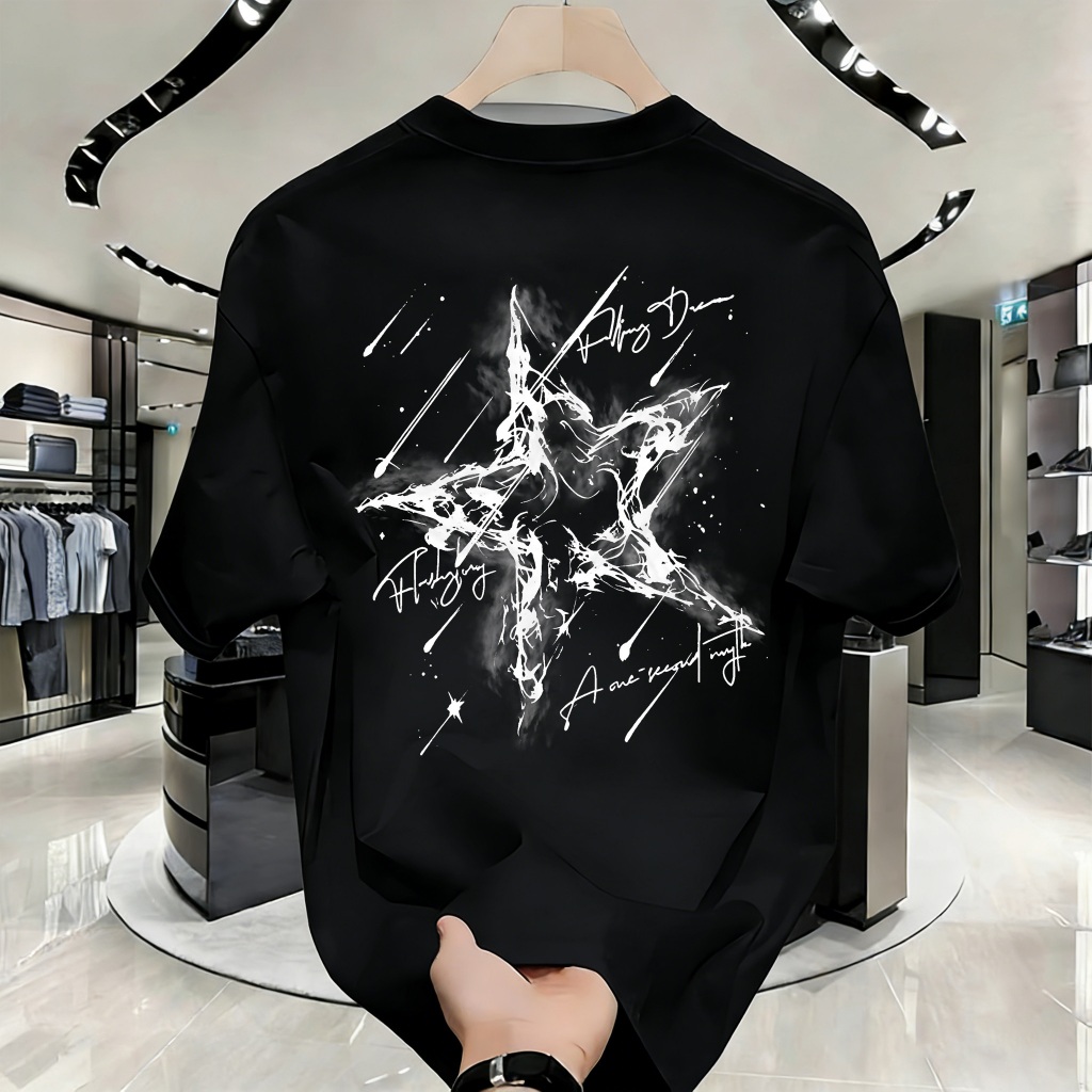 Kaos Oversize Pria Motif Bintang Api Aesthetic Hitam Putih Ukuran Besar Viral Kekinian 2026