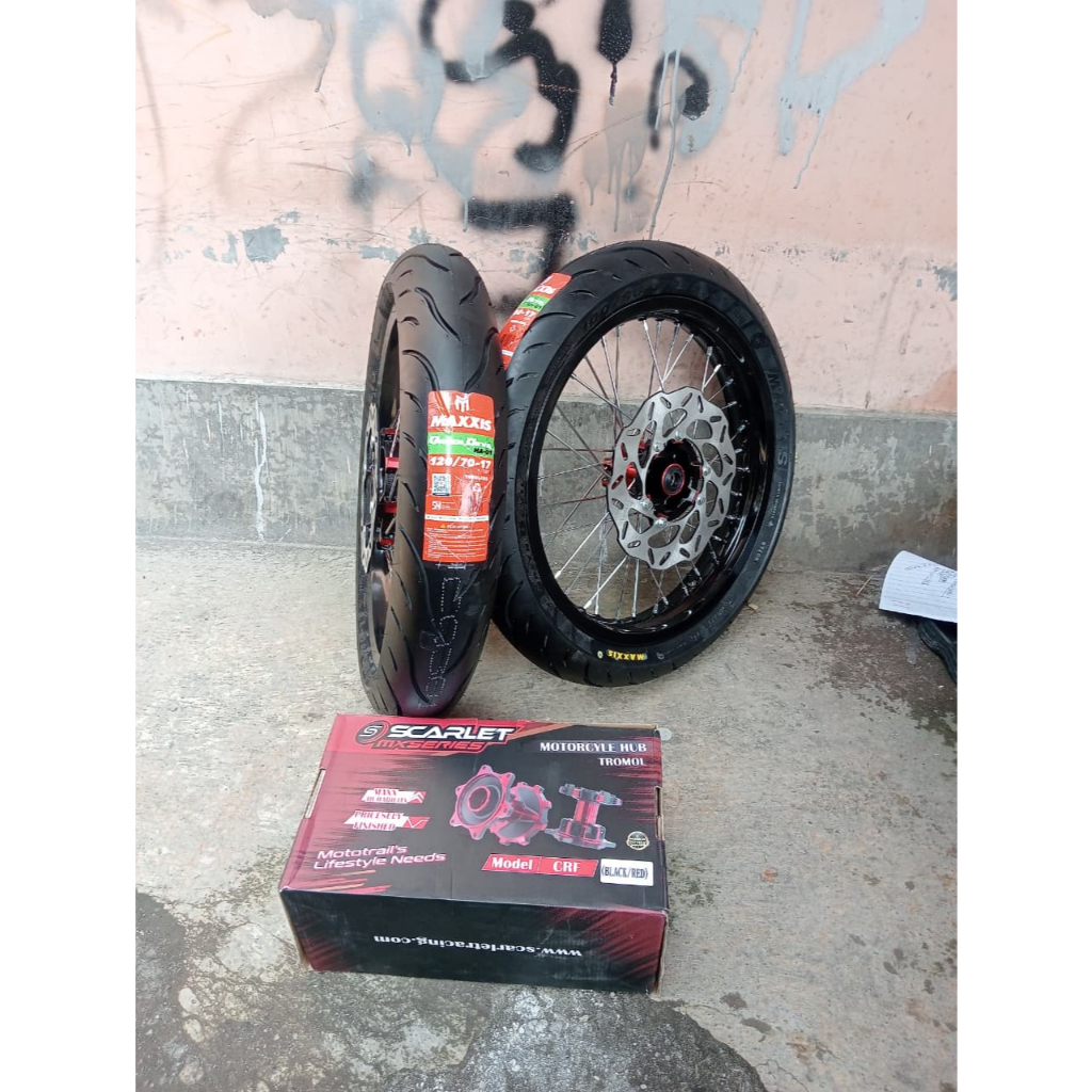 Paket Supermoto CRF Velg 215/250 Ban Maxxis - Tromol Scarlet -Siap Pasang