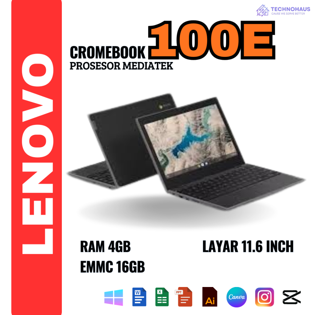 LAPTOP LENOVO CHROMEBOOK 100E 2ND MEDIATEK RAM 4GB EMMC 16GB ORIGINAL BERGARANSI