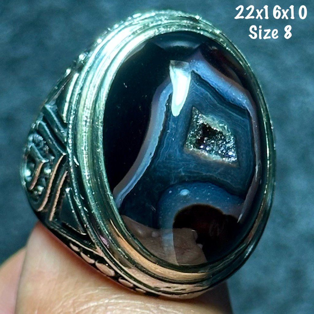 Cincin Batu Akik Natural Yaman Wulung Ginggang Combong Kristal (asli alam)