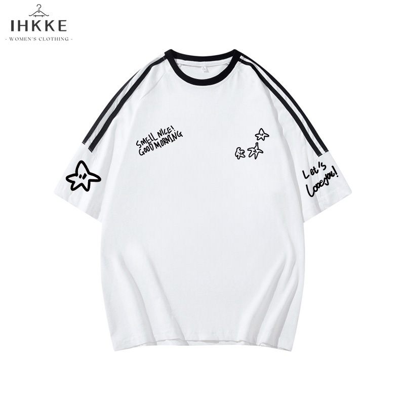 IHKKE Kemeja Garis Garis Wanita | Kaos Cewek Motif Bintang Grafiti Huruf | Lengan Pendek Atasan Wani