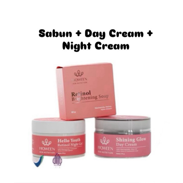 [PAKET 3IN1] Hiqween Retinol Brightening Soap, Hiqween Shining Glow Day Cream, dan Hiqween Retinol N