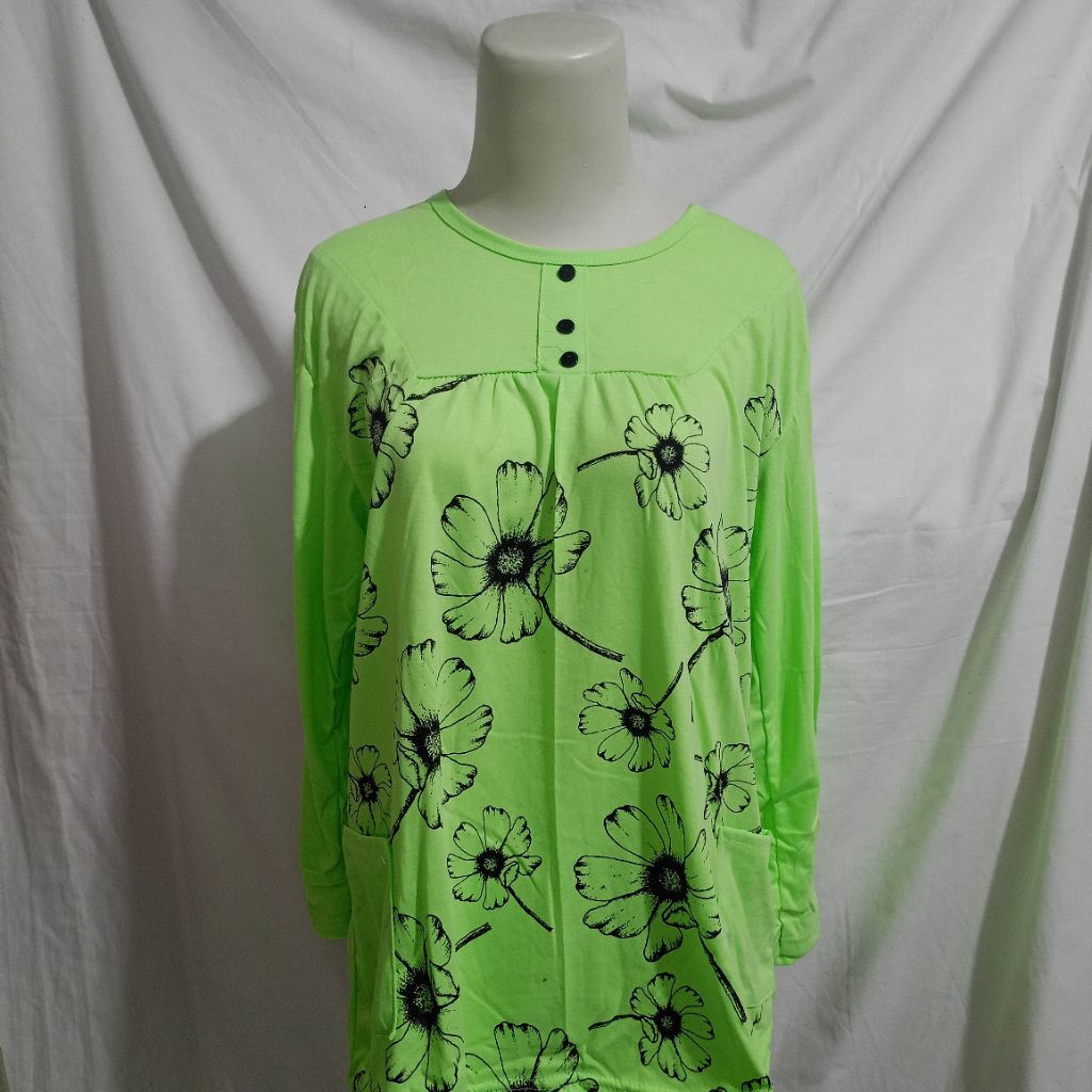 Baju Kaos Oversize Blouse Motif Bunga Lengan Panjang Wanita