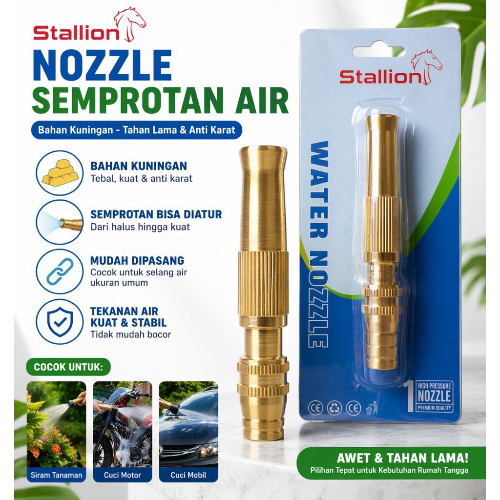 Nozzle Semprotan Air Kuningan Stallion | Water Nozzle Kran Selang Taman Mobil Semprot Adjustable Tek