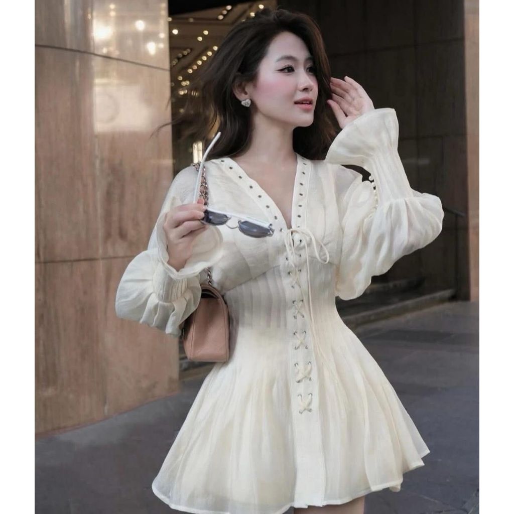 Sassy Dress Korea Cream Lengan Panjang Lace Up | Elegant Party  Casual Dress