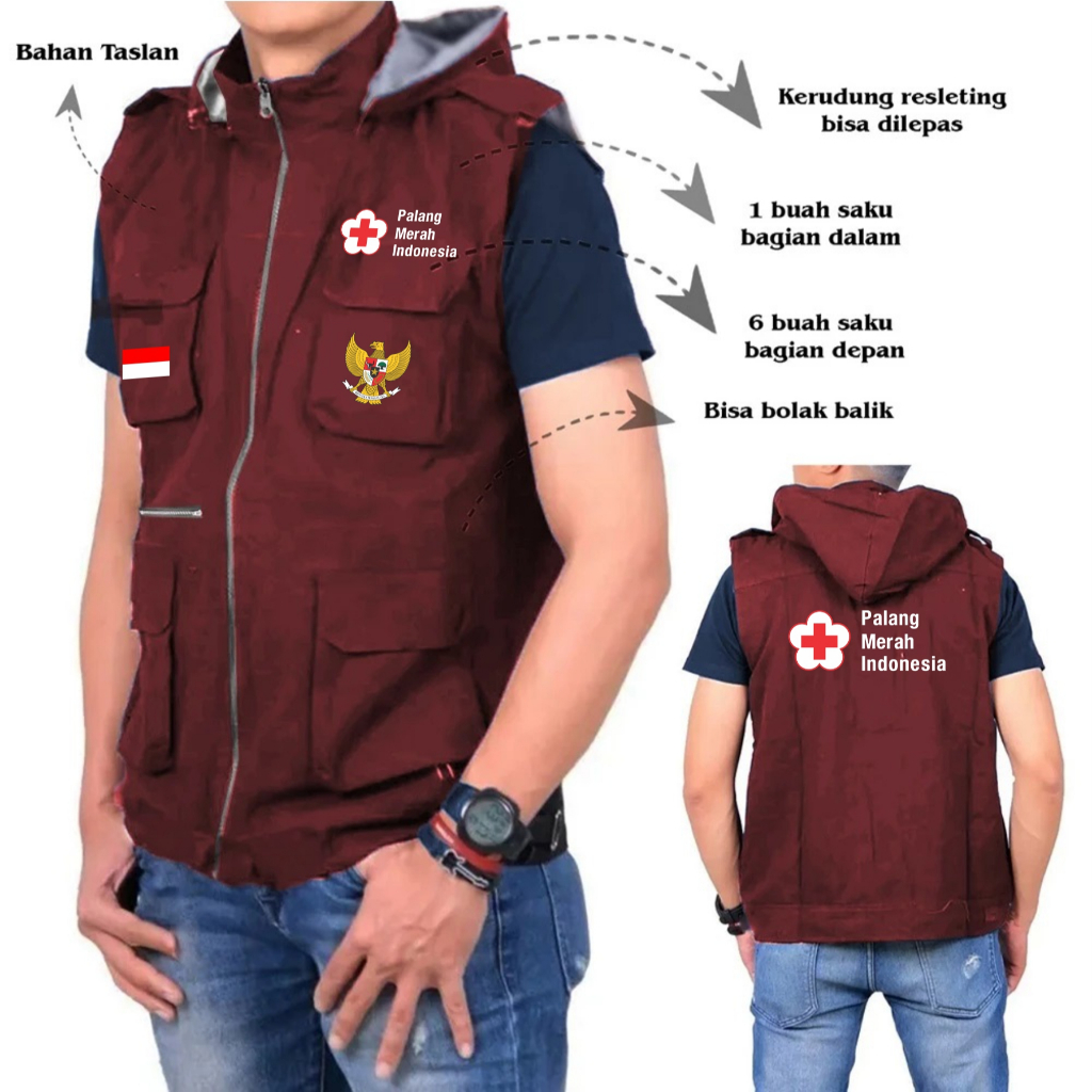 Jaket Rompi Palang Merah Indonesia / Rompi Kantong PMI Pria Wanita