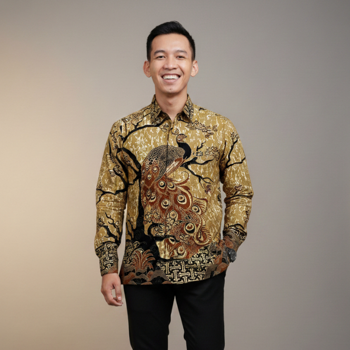 Kemeja Batik Pria Lengan Panjang Motif Burung Merak Coklat Susu Modern Kasual Formal Premium Furing