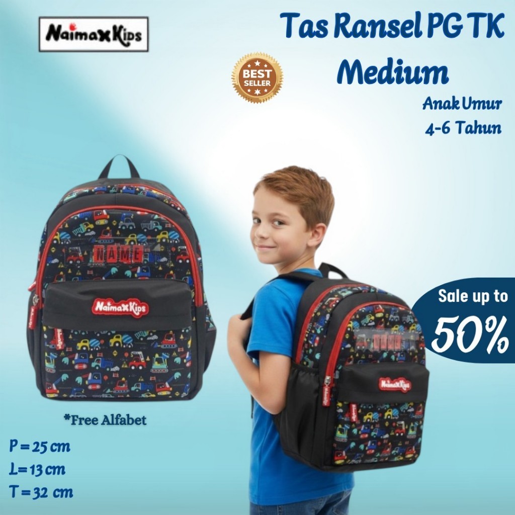 Naimax Kids Tas Sekolah Anak Laki-laki PG TK Medium Karakter Excavator | Tas Anak Cowok Motif Mobil 