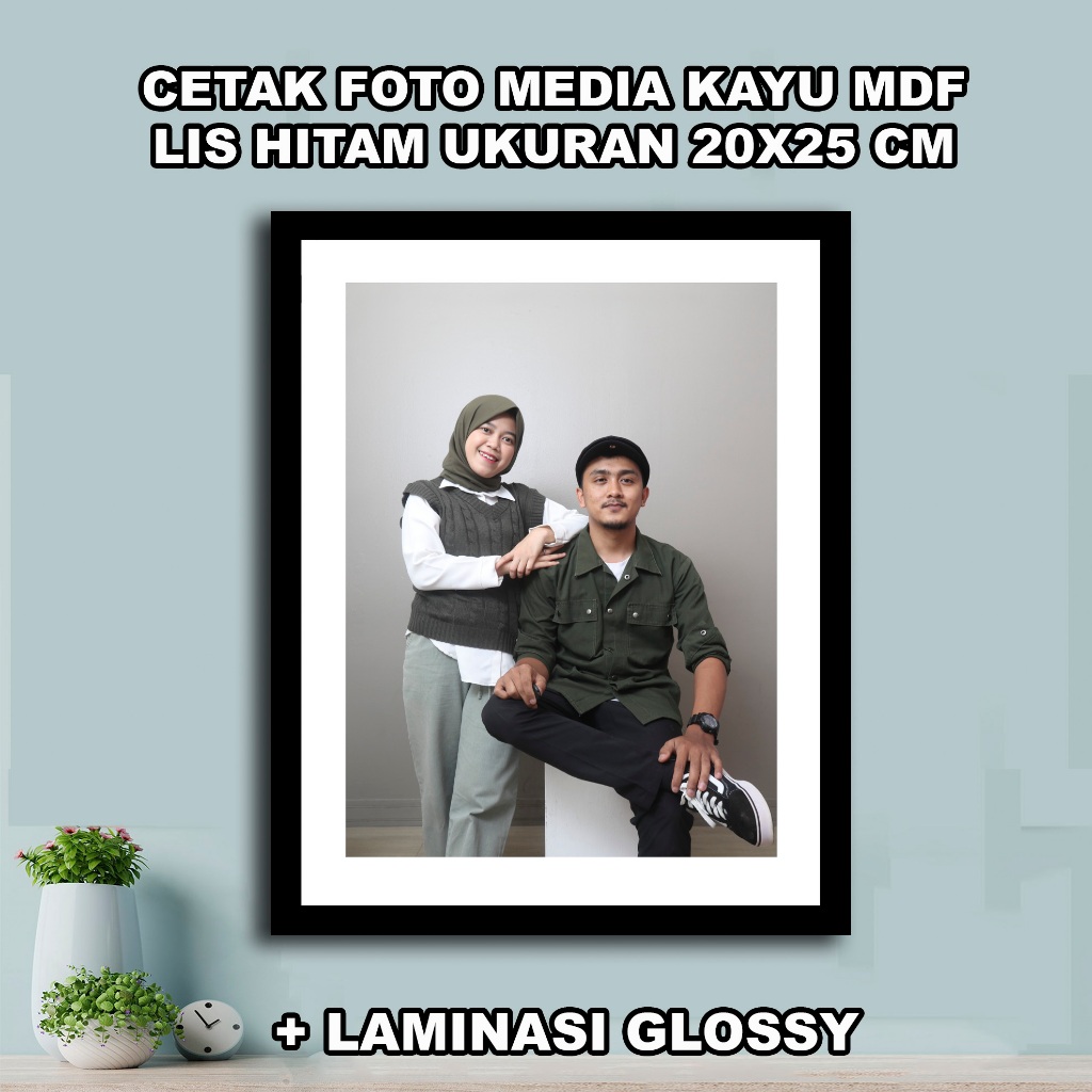 Cetak Foto Media Kayu MDF 20x25 cm lis hitam, lis putih, full frame + Laminasi Glossy