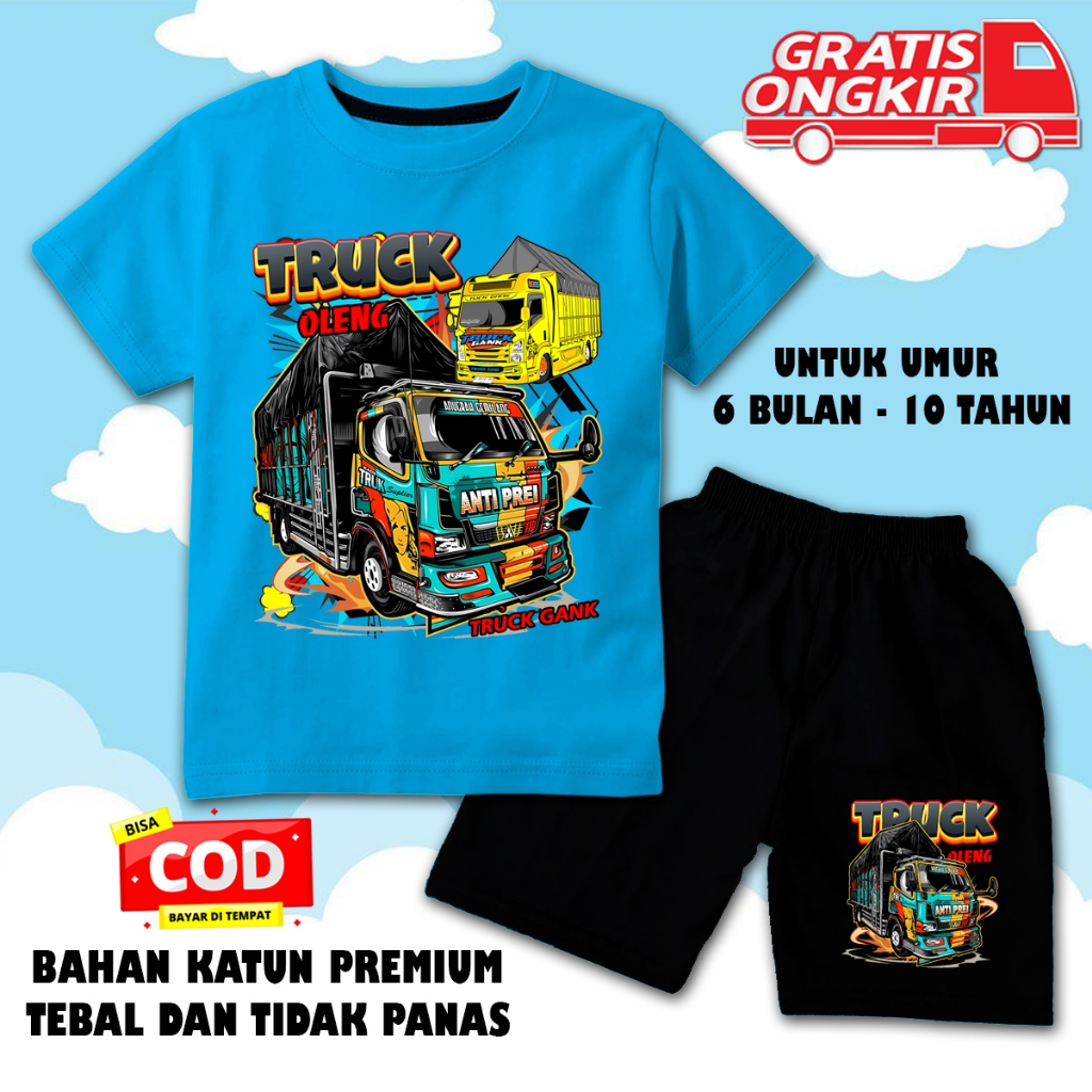 Setelan stelan kaos baju pendek anak laki laki perempuan premium kaos anak mobil truck oleng 3