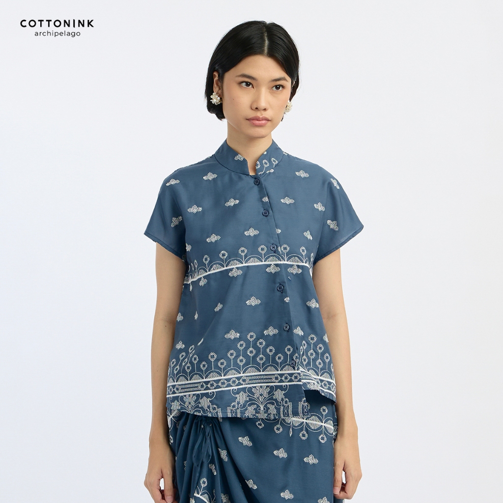 COTTONINK - Atasan Kemeja Wanita Kama Bordir Biru Laut #ArchipelagoSemilir