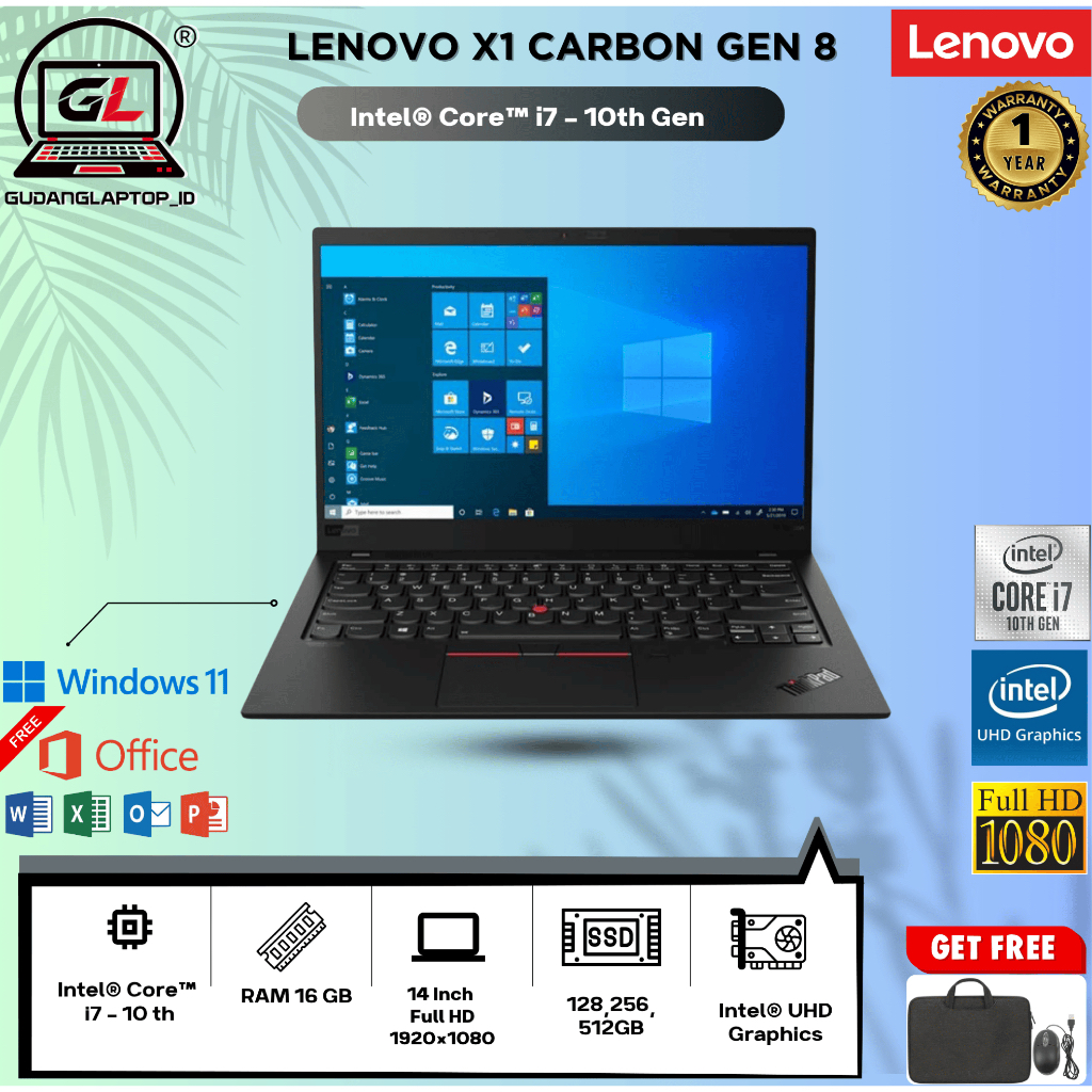 Laptop Lenovo Thinkpad X1 Carbon Gen 8 – i7 Gen 10 – 16GB / 256GB – Laptop Coding & Kantoran - MURAH