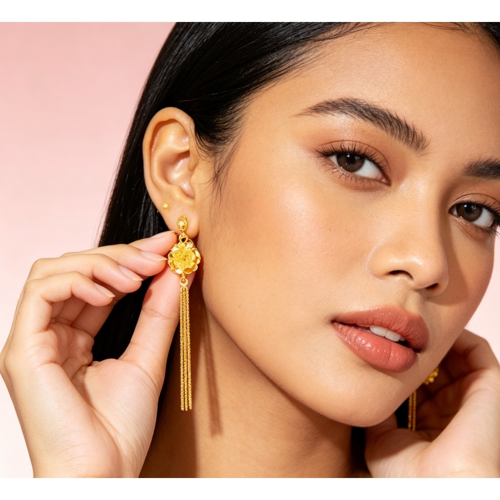 anting lapis emas wanita dengan anting-anting emas Anting Emas Panjang Pita - Aksesoris Cantik untuk