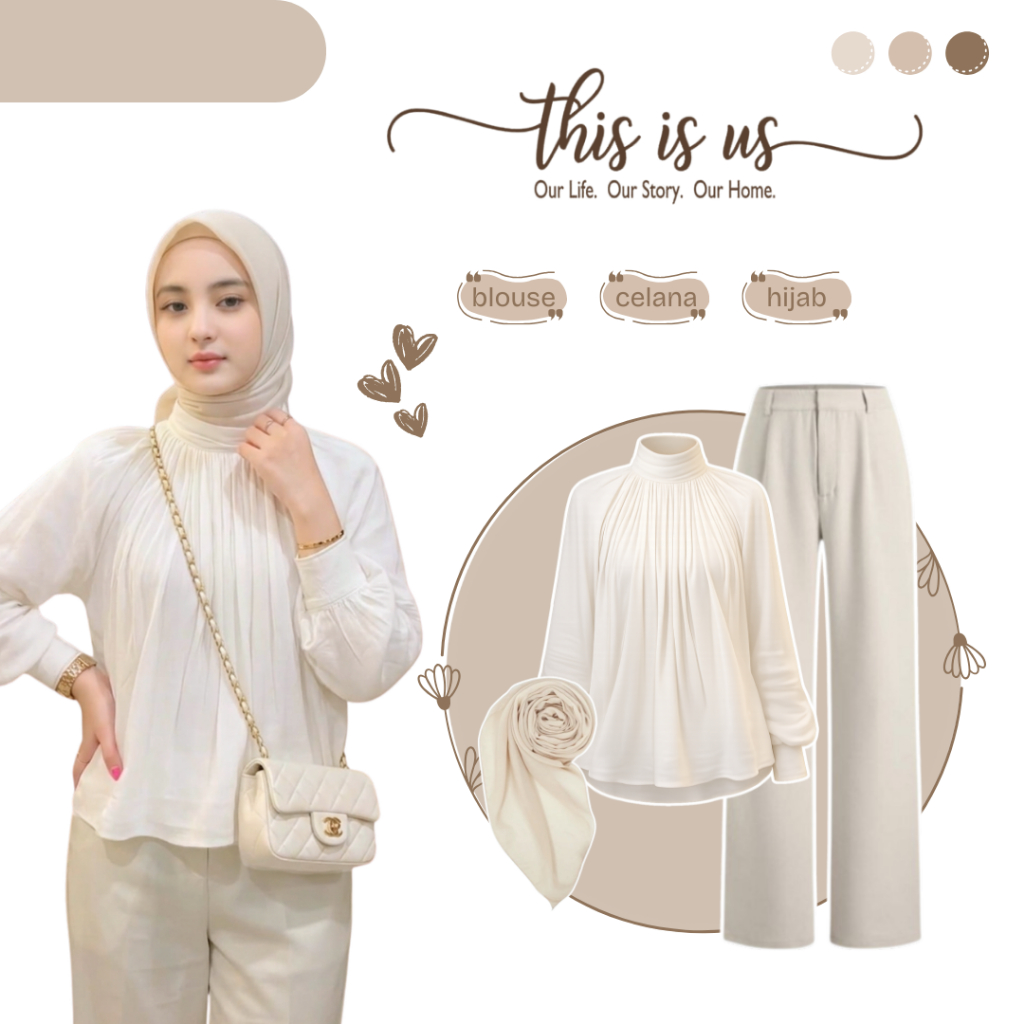 Setelan One Set Wanita | Blouse Rayon + Celana Jennie + Hijab Bella | Satu Set Outfit Cewek - AM252N