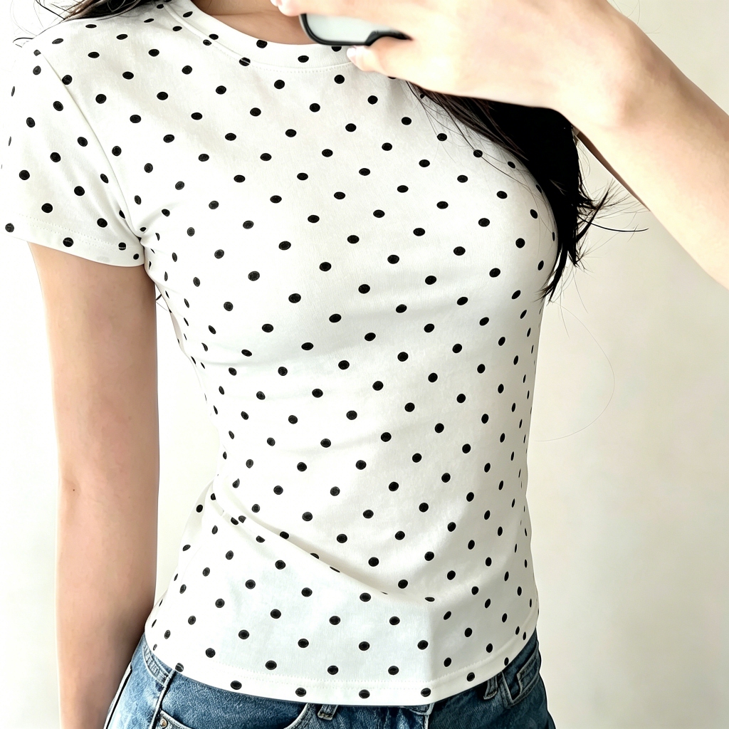 Kaos Wanita Bodyfit Crop Top Lengan Pendek/Panjang Motif Polkadot Putih Hitam OOTD Street Style Hija