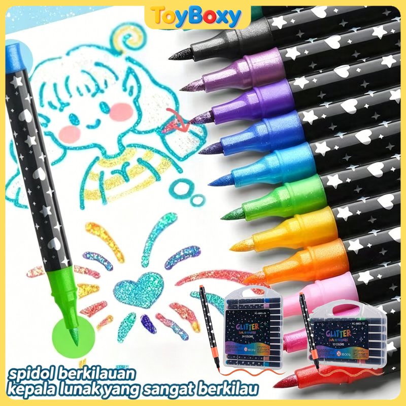 ToyBoxy Glitter Marker Set 24/48 Warna 2 Sisi Brush Pen Acrylic Dual Tip Alat Gambar Anak