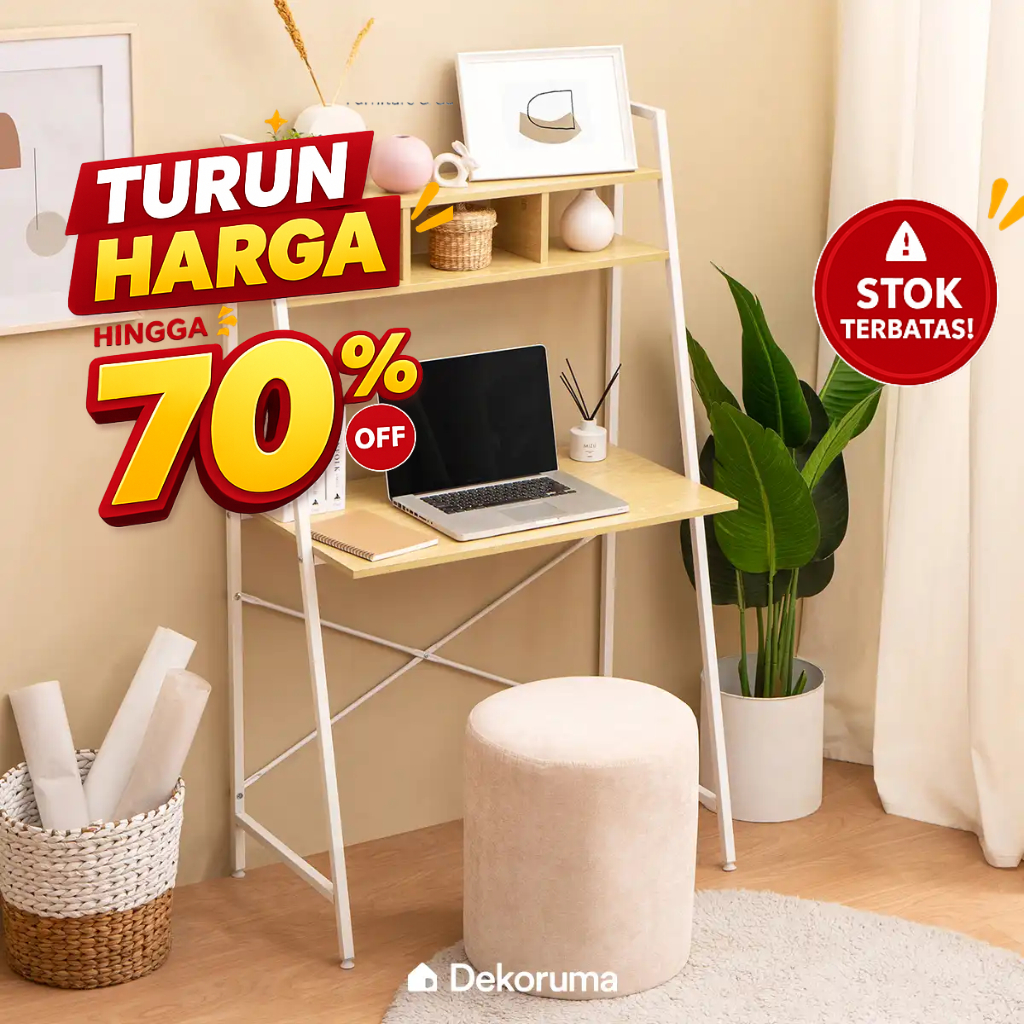 Dekoruma TOSHI Meja Belajar dengan Rak | Meja Kerja Kayu Minimalis