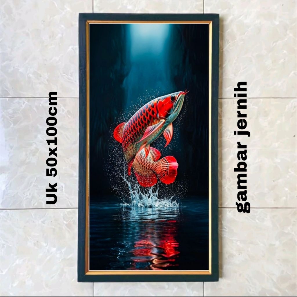 Hiasan Dinding Lukisan Cetak Gambar ikan Arwana Super Red Uk 50x100cm plus Bingkai Cantik