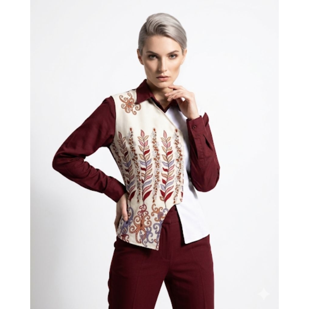 vest batik wanita, rompi batik modern, vest wanita elegan, rompi formal wanita,