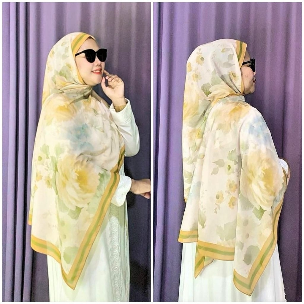 HIJAB PASHMINA CERUTY BABYDOLL MOTIF BUNGA HIJAU SAGE KUNING LEMON KODE P29