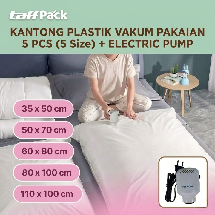 KANTONG PLASTIK VAKUM BAJU TRAVELING 5 PCS (5 UKURAN BERBEDA) + POMPA VAKUM BAJU ELEKTRIK | SET KANT