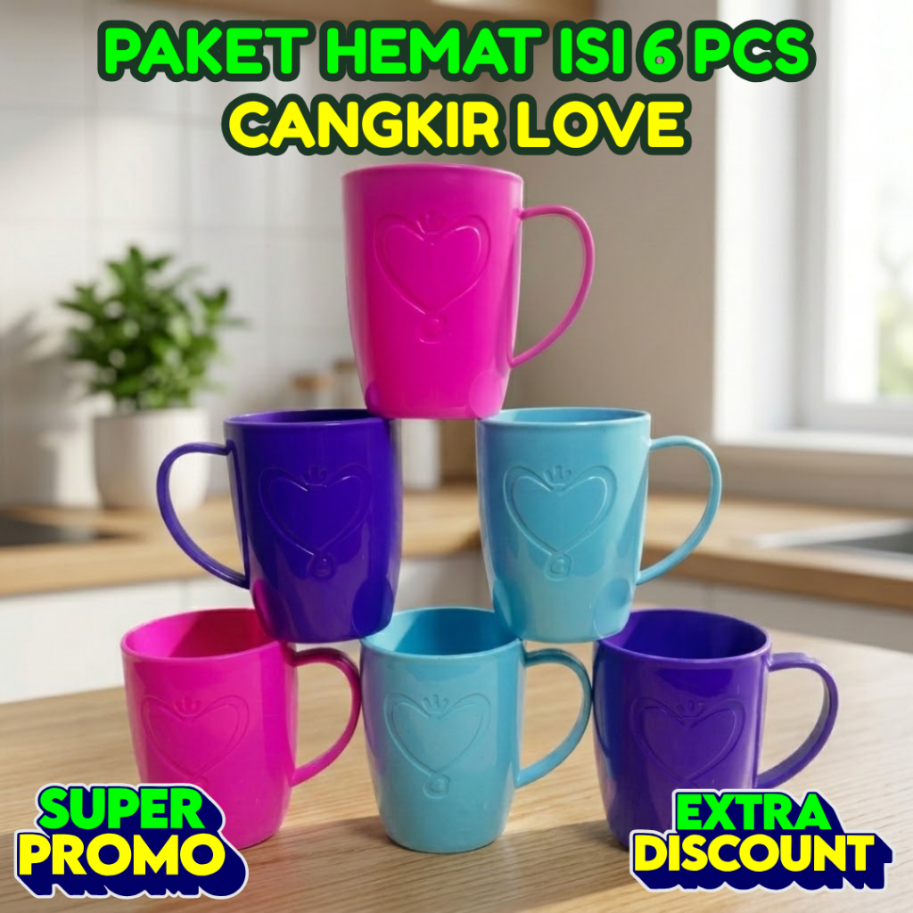 Grosir Paket Hemat isi 6 Cangkir Mug Love Polos Plastik Tebal BPA Free