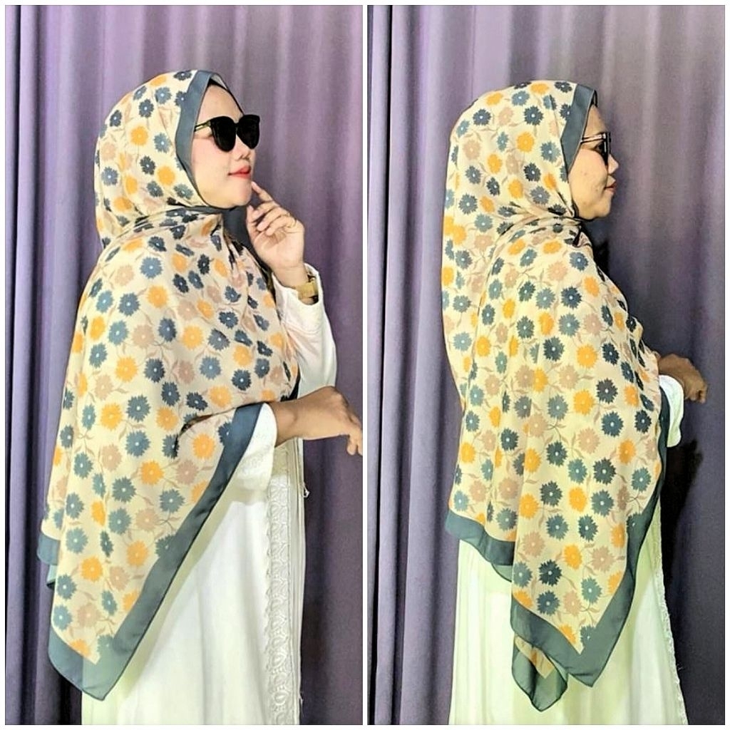 KERUDUNG PASHMINA MOTIF CERUTY BABYDOLL HIJAB BUNGA KUNING BIRU KODE KP30