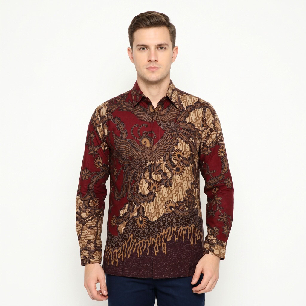 |Magnus| Kemeja Batik Pria Lengan Panjang Bahan Katun 40S Lapis Furring Arrow Warna Merah Maron
