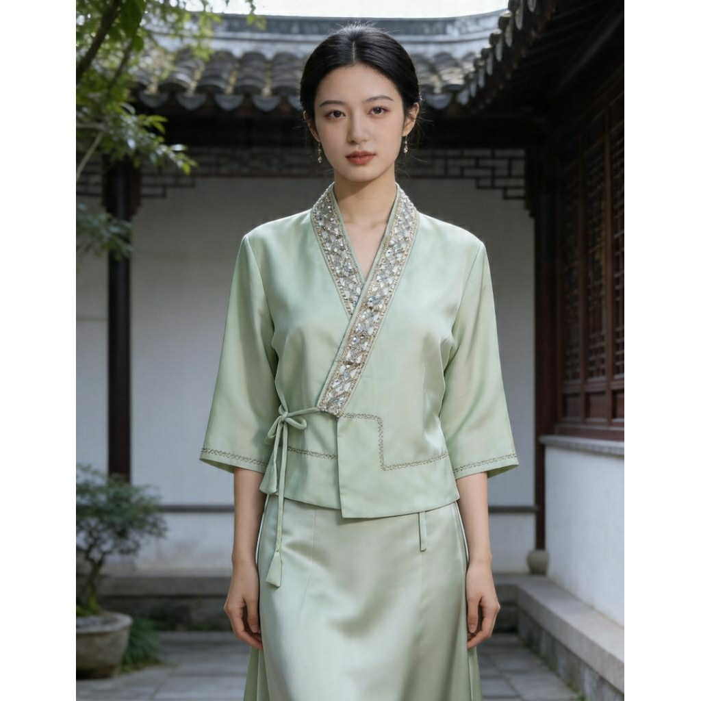 (NEW) HANFU MODERN TOP GREEN MATCHA EMBROIDERY SEQUIN ATASAN BLOUSE HIJAU BORDIR CHINESE STYLE ORI C
