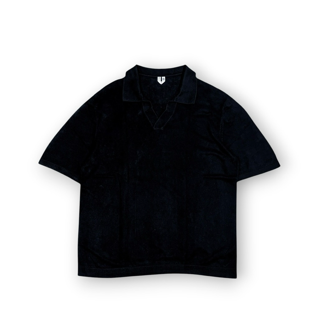 Arket Navy Cotton Linen Ribbed Collar Polo Shirt