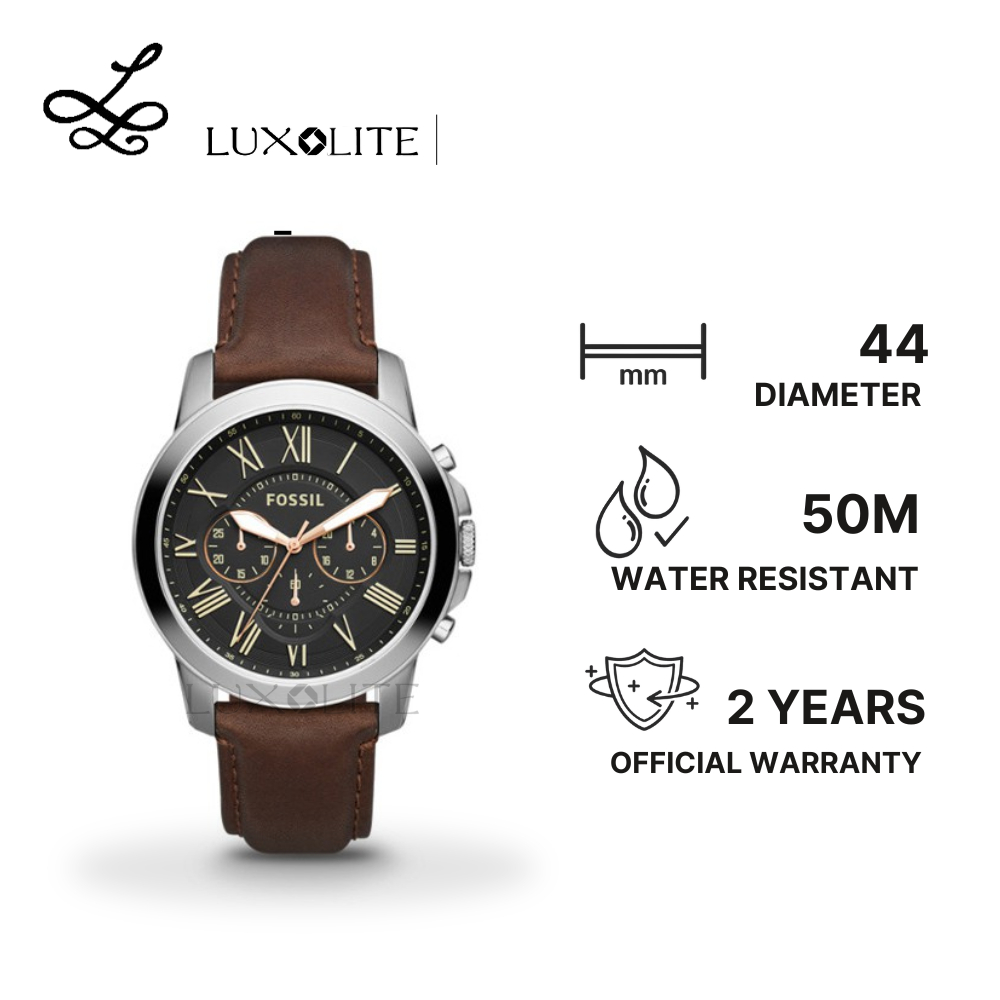 [Luxolite] FOSSIL Jam Tangan Pria Analog FS4813 Grant Chronograph Black Dial Brown Leather Strap