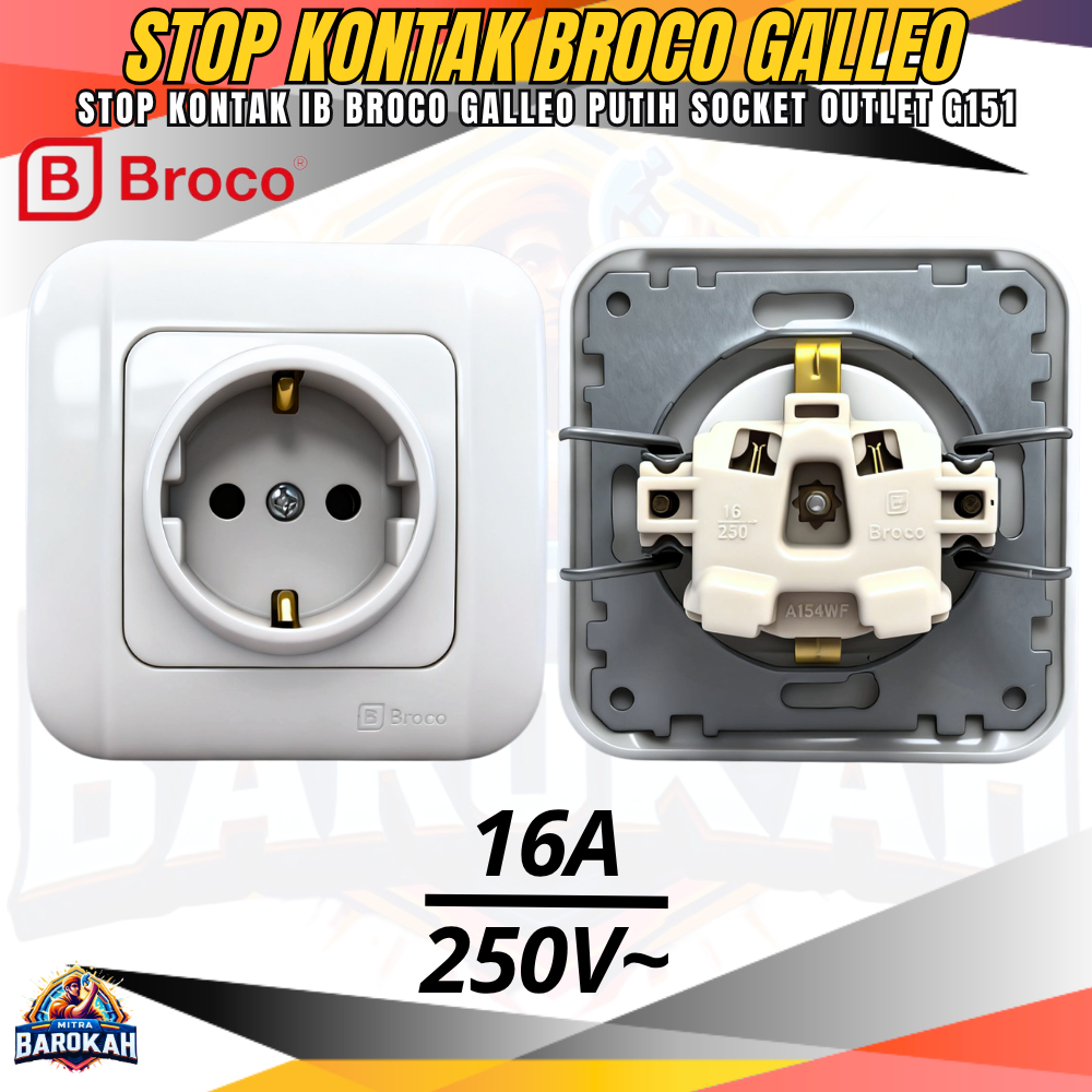 Stop Kontak IB BROCO GALLEO Warna PUTIH G151 / Stop Kontak Inbow Tanam GALLEO BROCO Socket Outlet G1