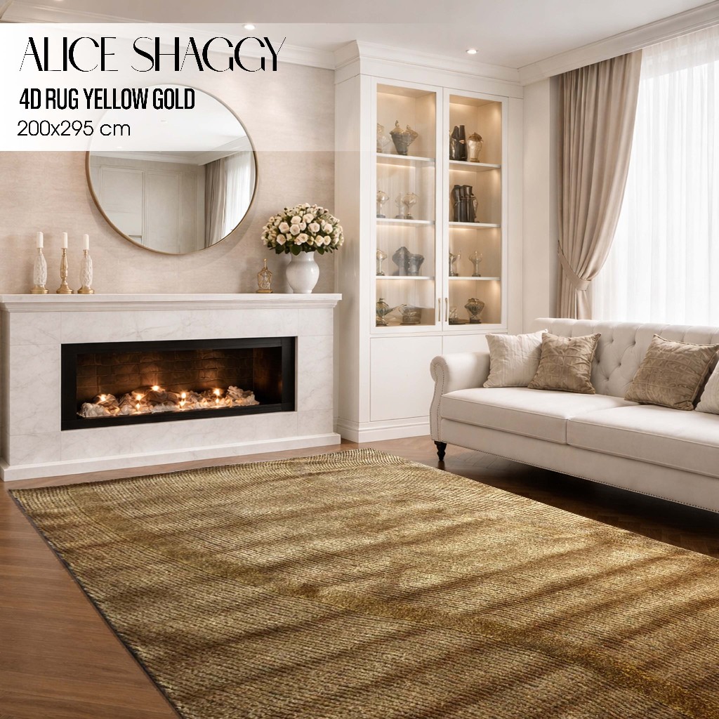 Karpet 4D Shaggy 200 X 295CM Garis Aesthetic Bulu Tebal Premium Ruang Tamu Kamar Tidur - YELLOW GOLD