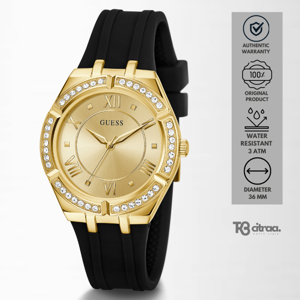 Jam Tangan Wanita Guess Cosmo Black Rubber Silicone Gold Dial Mewah Casual Original GW0034L1