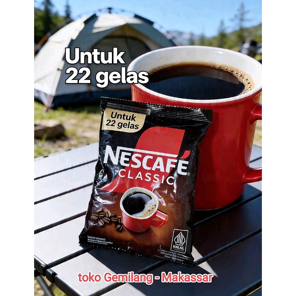 Nescafe Classic refill pak 45g, 100% kopi robusta, nikmat, praktis dan nyaman tanpa ampas.