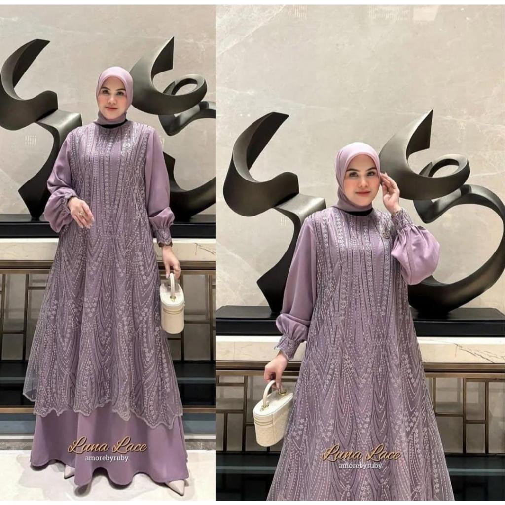 Gamis Pesta Luna Lace CB Bahan Ceruty Babydoll Mix Full Brukat LD 100-130 cm PJ 138 cm Size M L XL X