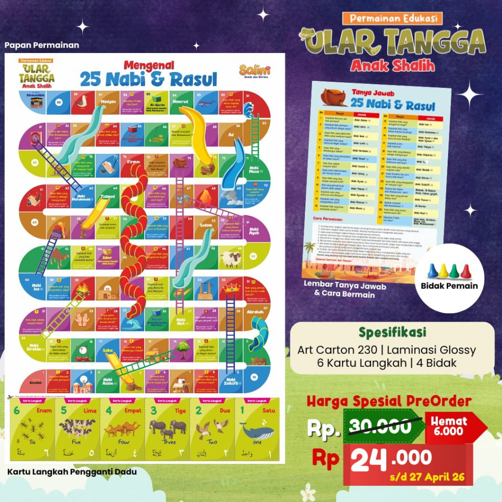 Ular Tangga Anak Sholih MENGENAL 25 NABI & RASUL Papan Permainan Edukatif Islami FULL COLOR Dengan Kartu Langkah - SALIM KIDS