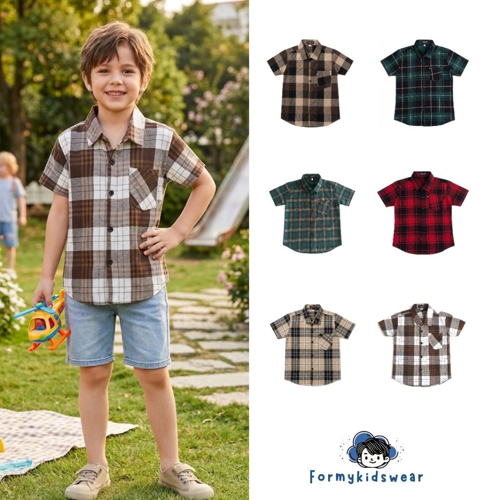 Formykids - Kemeja Flanel Anak Laki-laki Umur 2-8 Tahun Lengan Pendek