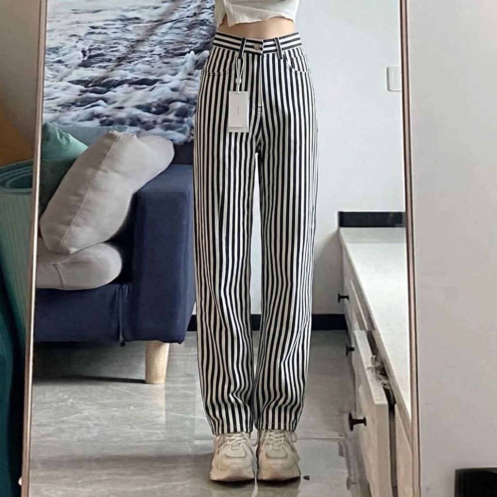 Pants Stripes High Waist Pense - Jeans Celana Jeans High Waist Wanita Korean Style Jeans Baggy