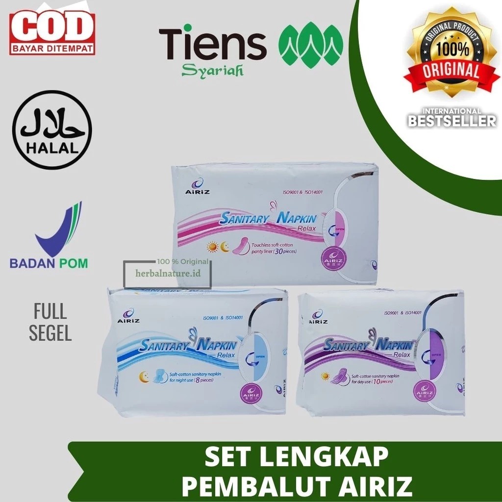 AIRIZ TIENS PEMBALUT HERBAL SEHAT AIRIS SANITARY NAPKIN PANTYLINER, USE DAY, NIGHT PROTEX MALAM OXYG