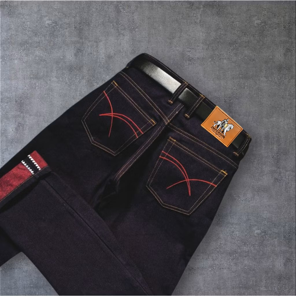 RAW DENIM SELVEDGE SHELL STITCH SANFORIZE, AKAI OD 16oz KAKU BISA FADING ( READY SIZE 26 S/D 40 ) SE