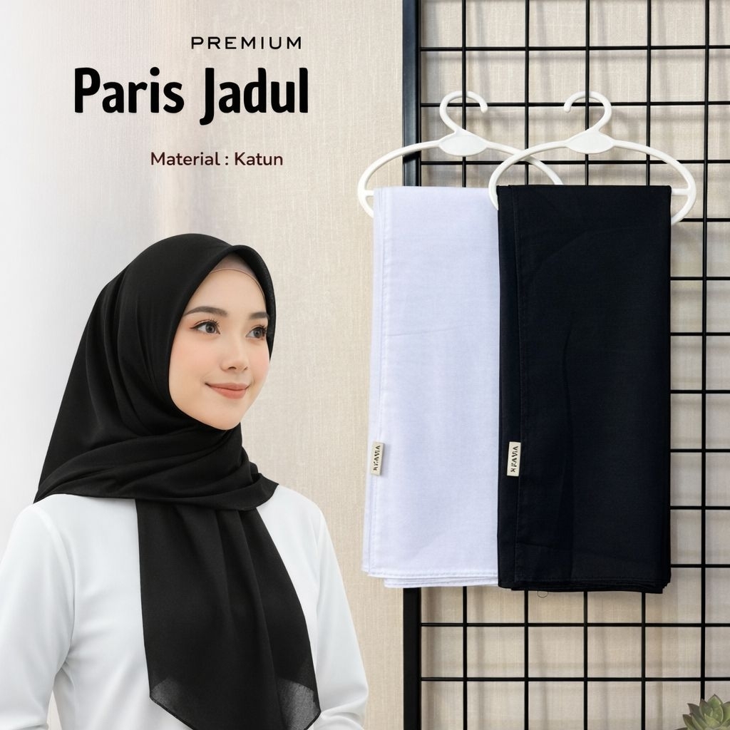 Hijab Segi Empat Paris Premium katun Hitam Putih | Jilbab Polos Adem Nyaman Mudah Dibentuk