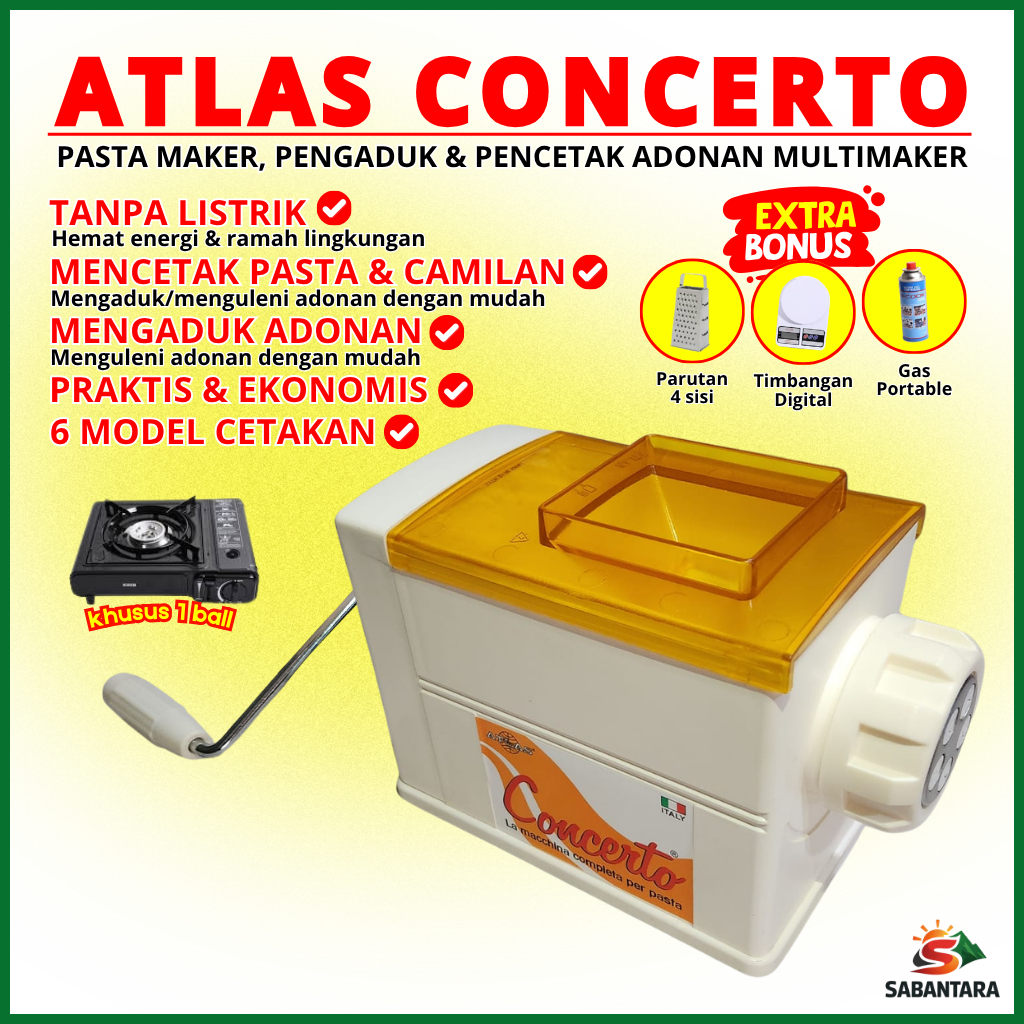 ATLAS CONCERTO Pasta Maker Alat Cetak Makaroni Pengaduk Adonan Roti 5 Cetakan