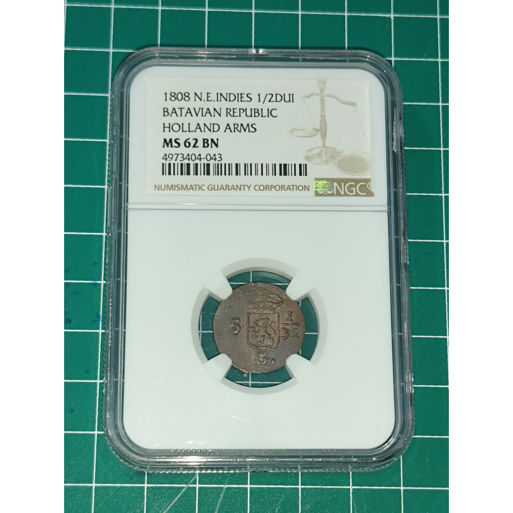 NGC KOIN NETHERLAND INDIES 1/2 DUIT 1808 BATAVIA NGC MS 62 BN 4973404043