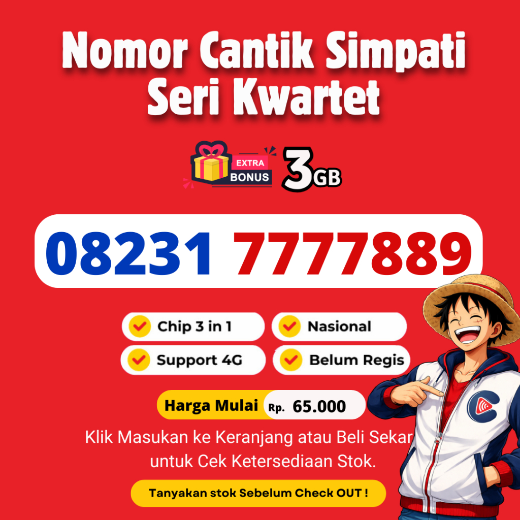 Nomor Cantik Telkomsel Murah Seri Kwartet 7  - Nomor Cantik Simpati Rapi Support 4G LTE BONUS KUOTA 