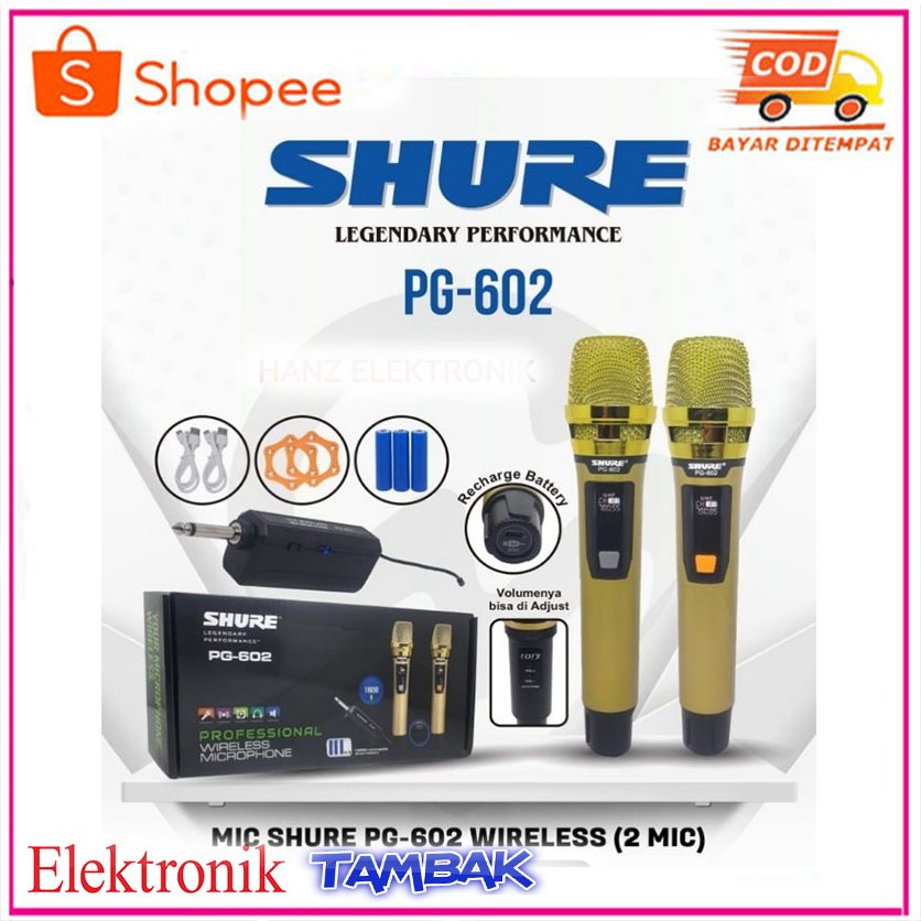 mic mix michropone shure wireless isi 2 mic pegang handheld PG 602 mic bisa di chas GOLD/HITAM