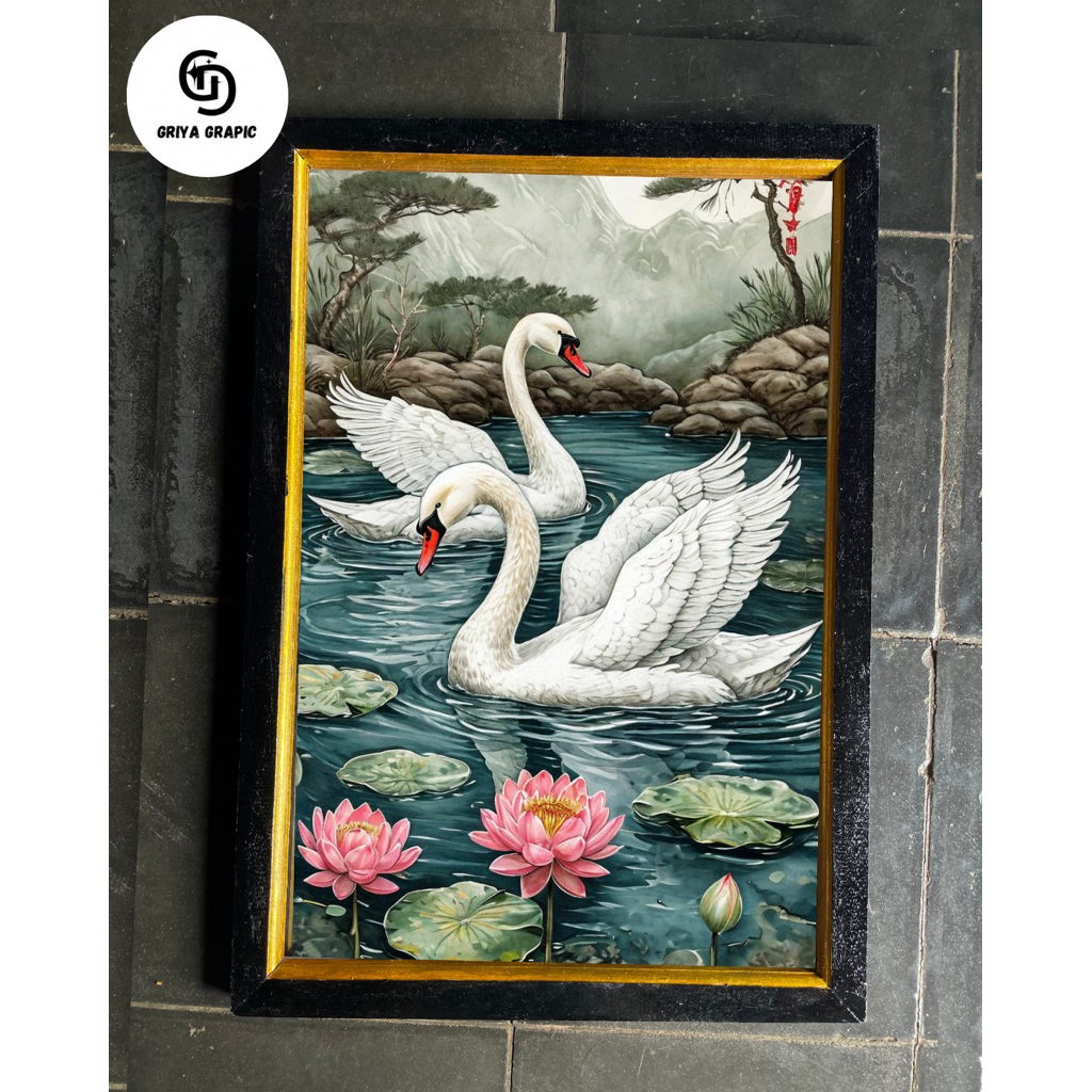 Lukisan dinding cetak sepasang soang uk45x65cm plus bingkai elegan