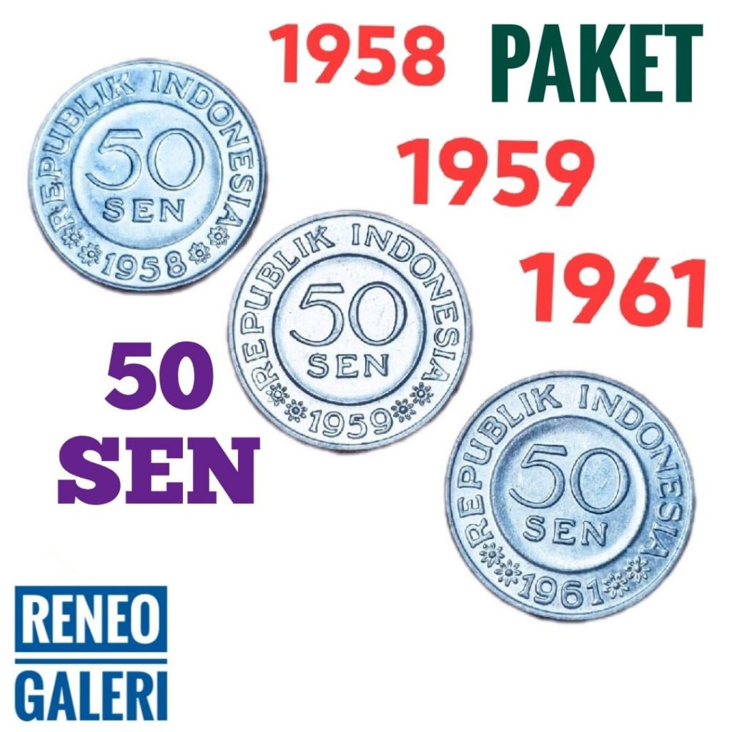 Berkilau Paket Tahun lengkap 50 Sen Indonesia Garuda set Uang koin Kuno 1958 1959 1961 logam asli or